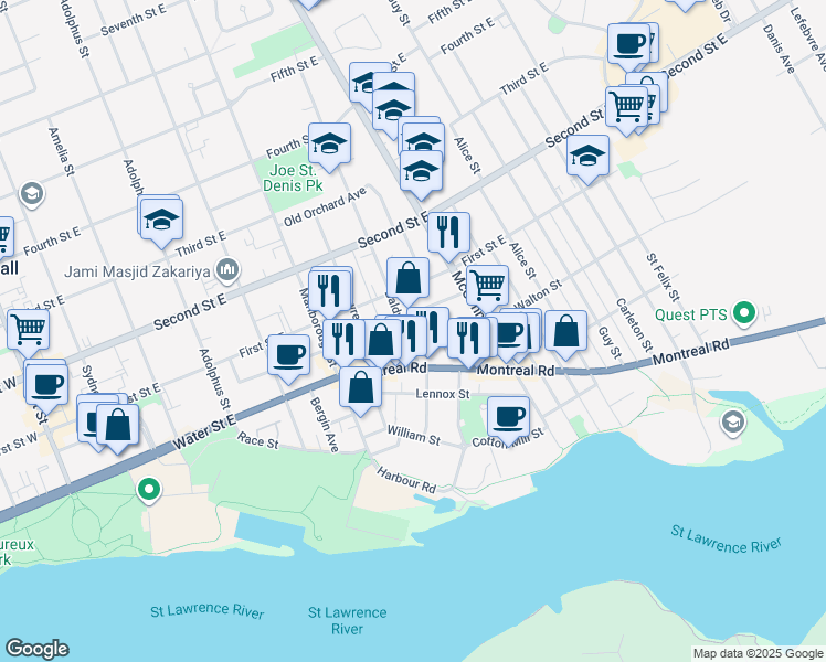 map of restaurants, bars, coffee shops, grocery stores, and more near 24 Baldwin Avenue in Cornwall