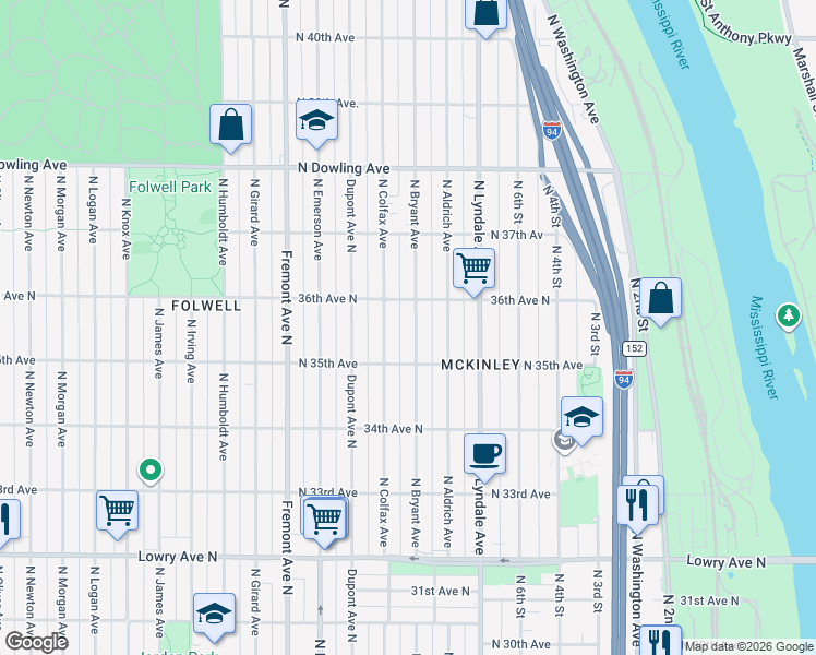 map of restaurants, bars, coffee shops, grocery stores, and more near 3531 North Bryant Avenue in Minneapolis