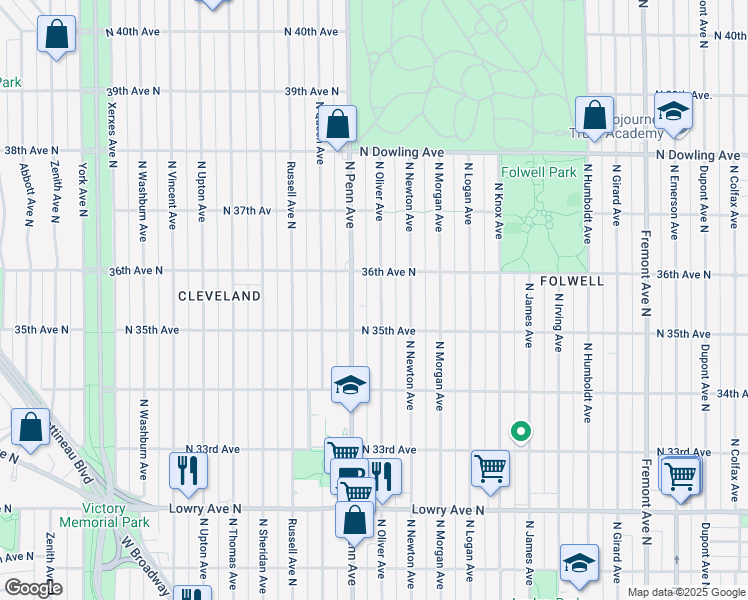 map of restaurants, bars, coffee shops, grocery stores, and more near 3531 North Oliver Avenue in Minneapolis