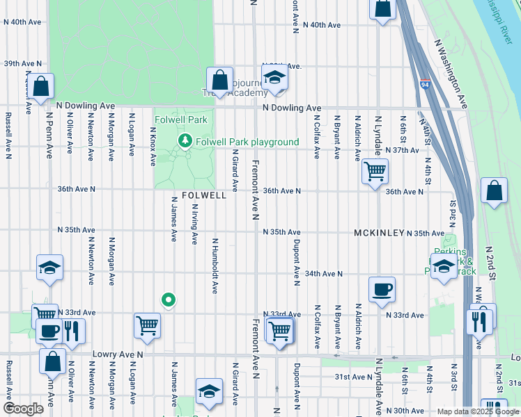 map of restaurants, bars, coffee shops, grocery stores, and more near 3534 North Fremont Avenue in Minneapolis