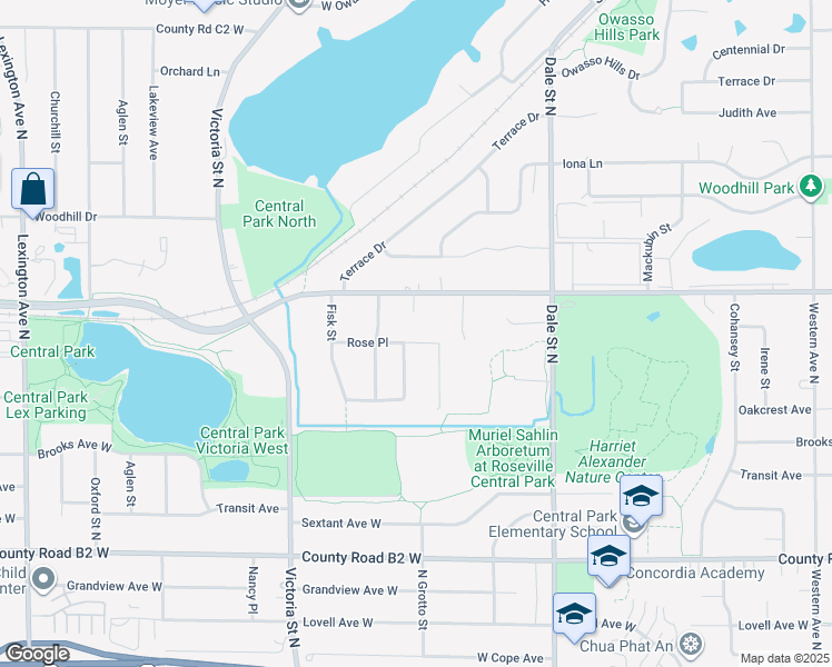 map of restaurants, bars, coffee shops, grocery stores, and more near 751 Rose Place in Roseville