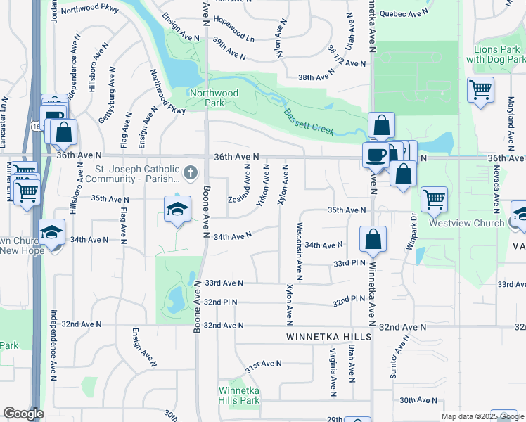 map of restaurants, bars, coffee shops, grocery stores, and more near 3484 Yukon Avenue North in Minneapolis