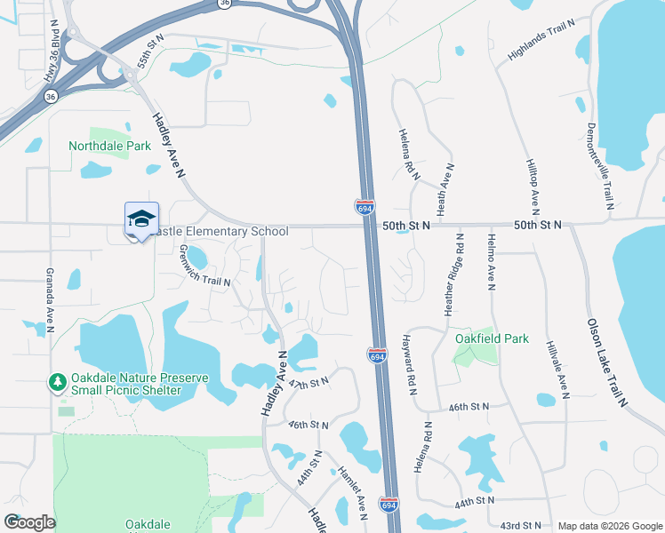 map of restaurants, bars, coffee shops, grocery stores, and more near 4906 Hamlet Avenue North in Oakdale