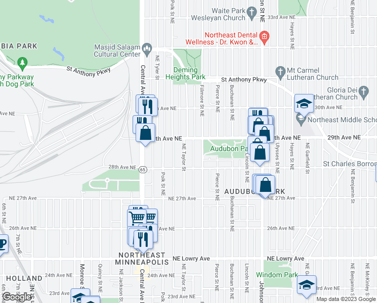 map of restaurants, bars, coffee shops, grocery stores, and more near 2826 Fillmore Street Northeast in Minneapolis