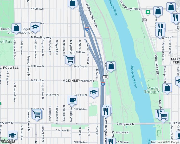 map of restaurants, bars, coffee shops, grocery stores, and more near 3534 North 4th Street in Minneapolis