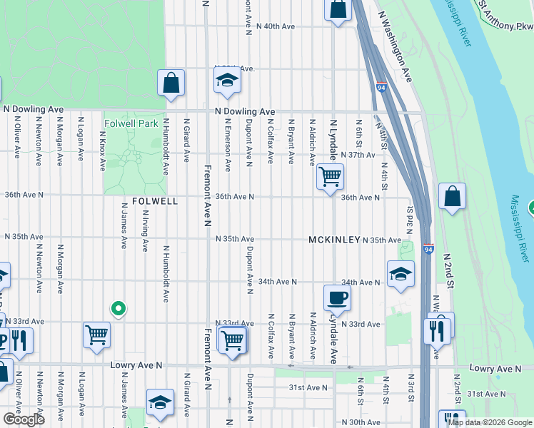map of restaurants, bars, coffee shops, grocery stores, and more near 3530 North Dupont Avenue in Minneapolis
