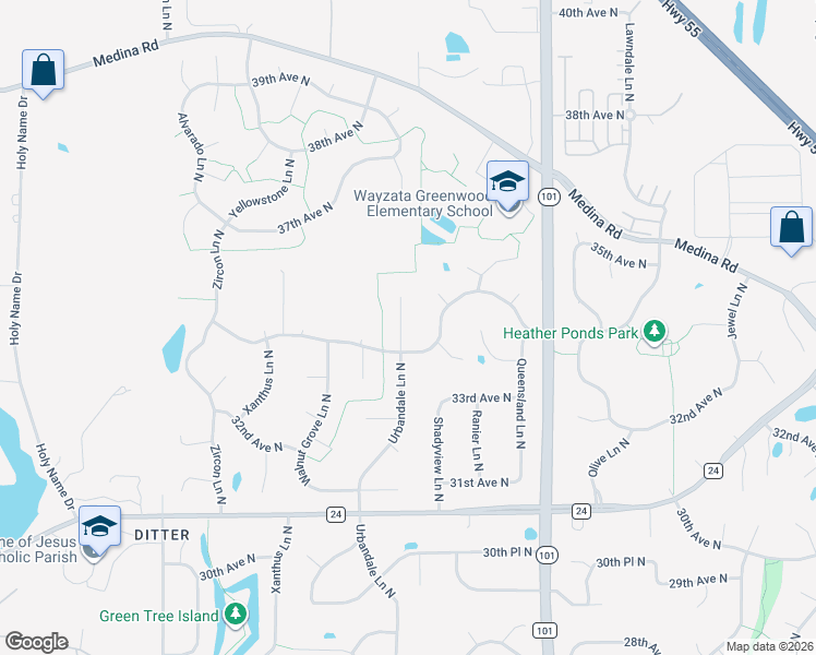 map of restaurants, bars, coffee shops, grocery stores, and more near 3420 Urbandale Lane North in Plymouth