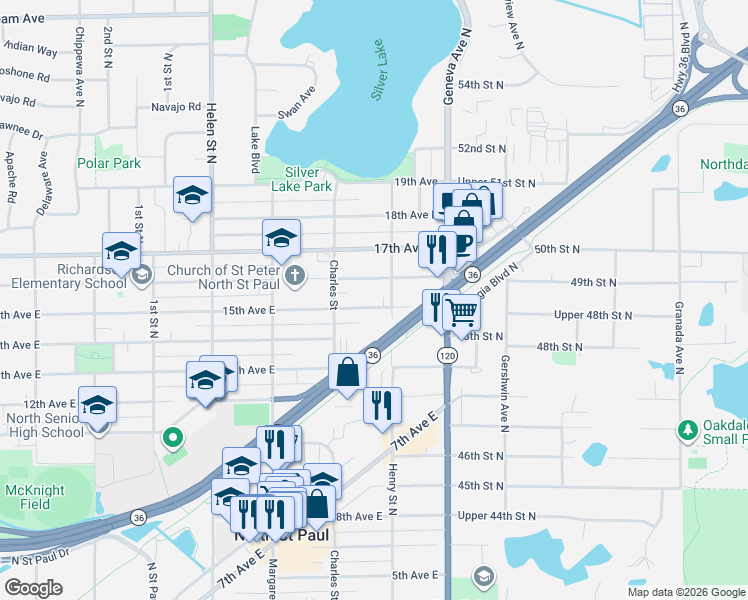map of restaurants, bars, coffee shops, grocery stores, and more near 2665 15th Avenue East in North Saint Paul