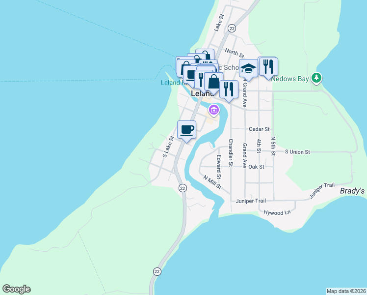 map of restaurants, bars, coffee shops, grocery stores, and more near 498 South Main Street in Leelanau