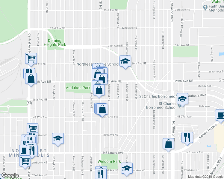 map of restaurants, bars, coffee shops, grocery stores, and more near 2831 Ulysses Street Northeast in Minneapolis