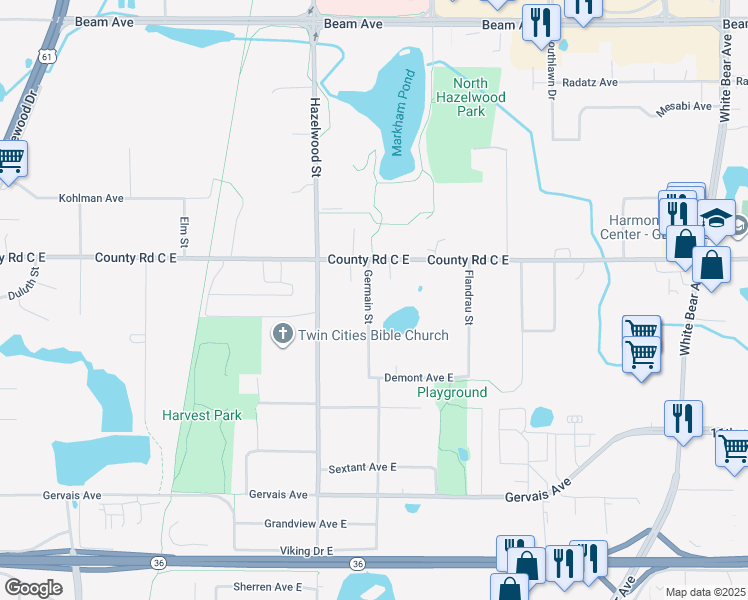 map of restaurants, bars, coffee shops, grocery stores, and more near 2600 Germain Street in Saint Paul