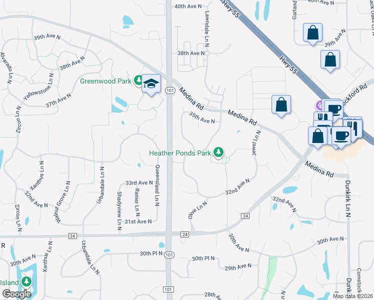 map of restaurants, bars, coffee shops, grocery stores, and more near 3385 Olive Lane North in Plymouth
