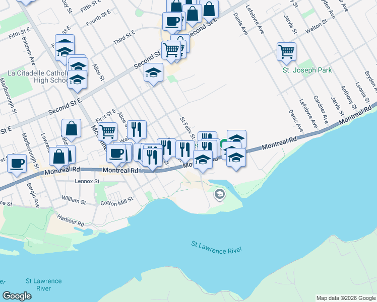 map of restaurants, bars, coffee shops, grocery stores, and more near 111 Belmont Street in Cornwall