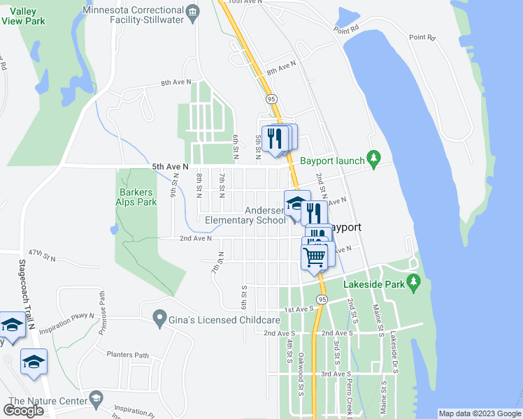 map of restaurants, bars, coffee shops, grocery stores, and more near 404 5th Street North in Bayport