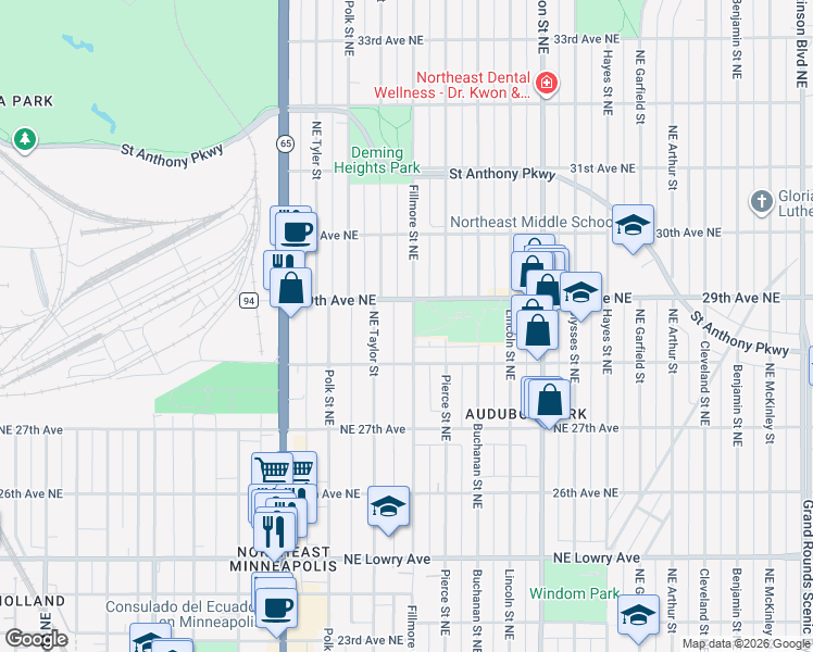 map of restaurants, bars, coffee shops, grocery stores, and more near 2830 Fillmore Street Northeast in Minneapolis