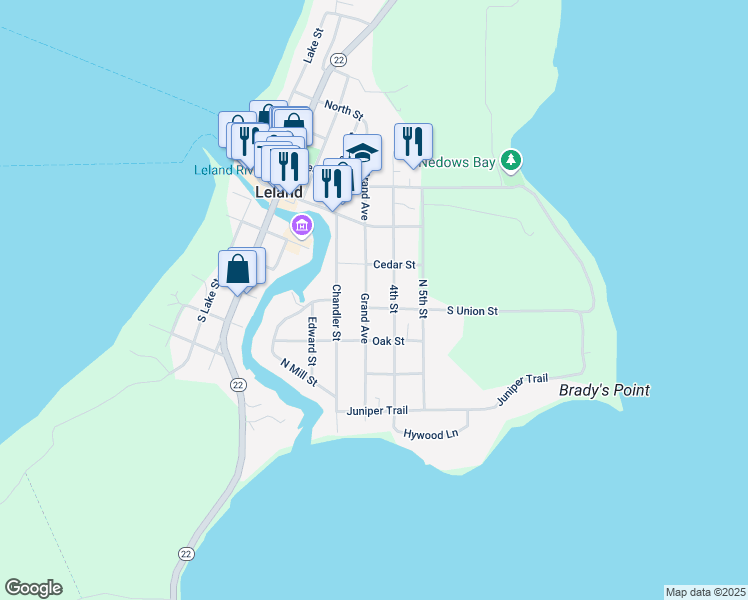 map of restaurants, bars, coffee shops, grocery stores, and more near 212-298 Grand Avenue in Leland