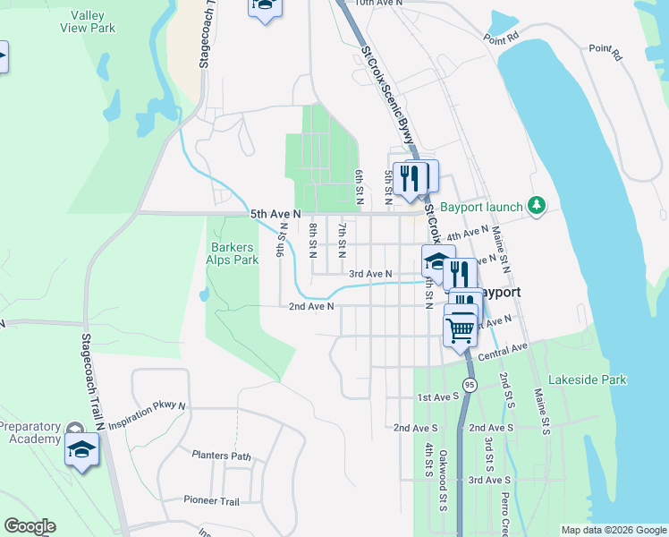 map of restaurants, bars, coffee shops, grocery stores, and more near 408 7th Street North in Bayport