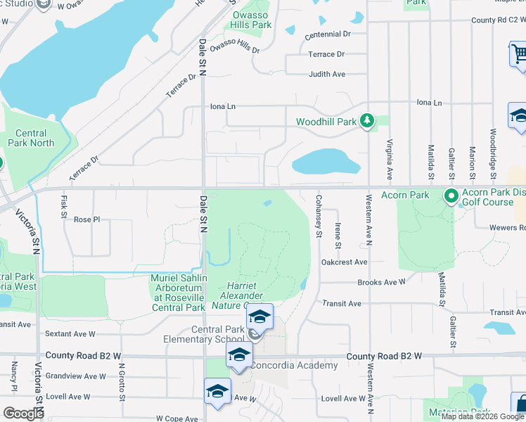 map of restaurants, bars, coffee shops, grocery stores, and more near 556 City Centre Drive in Roseville