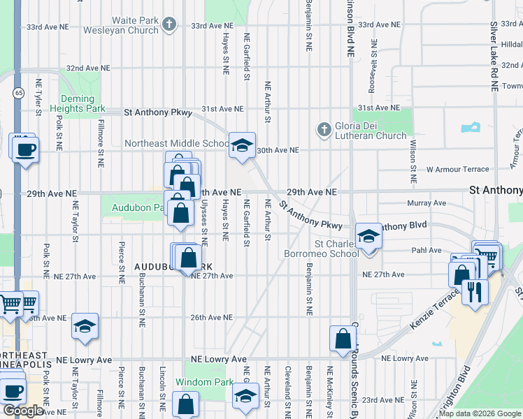 map of restaurants, bars, coffee shops, grocery stores, and more near 2826 Northeast Arthur Street in Minneapolis