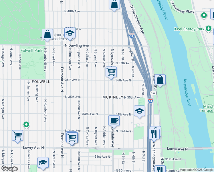 map of restaurants, bars, coffee shops, grocery stores, and more near 3533 North Aldrich Avenue in Minneapolis