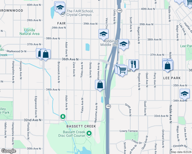 map of restaurants, bars, coffee shops, grocery stores, and more near 3443 Welcome Avenue North in Minneapolis