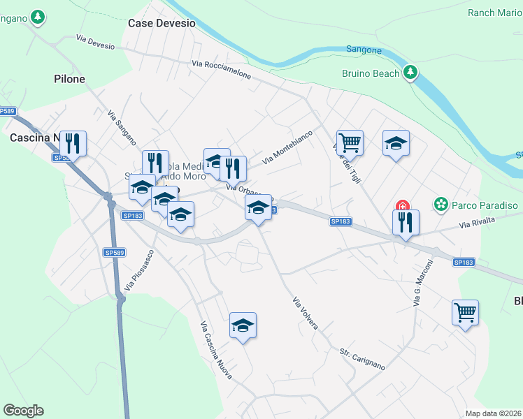 map of restaurants, bars, coffee shops, grocery stores, and more near 68C Via Torino in Bruino