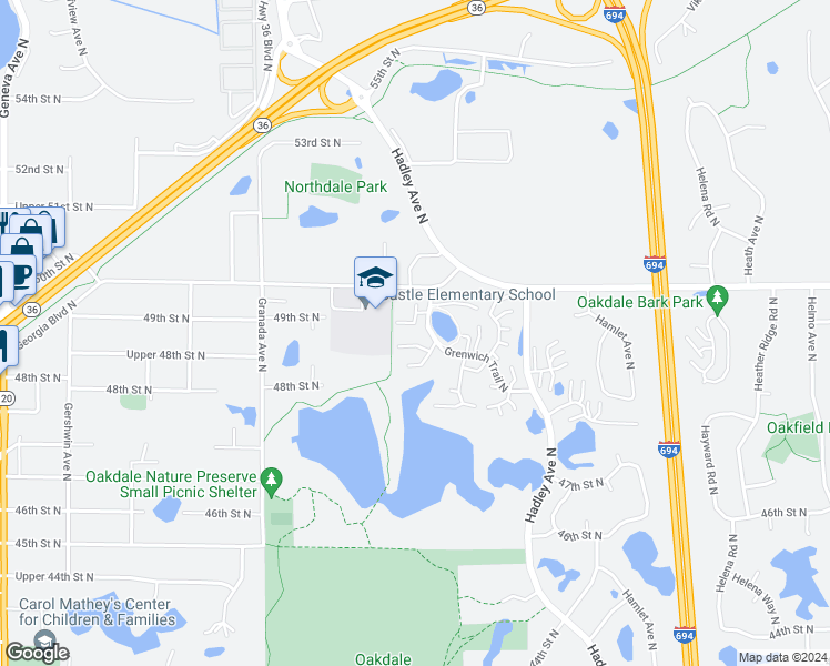 map of restaurants, bars, coffee shops, grocery stores, and more near 4940 Grenwich Trail North in Oakdale