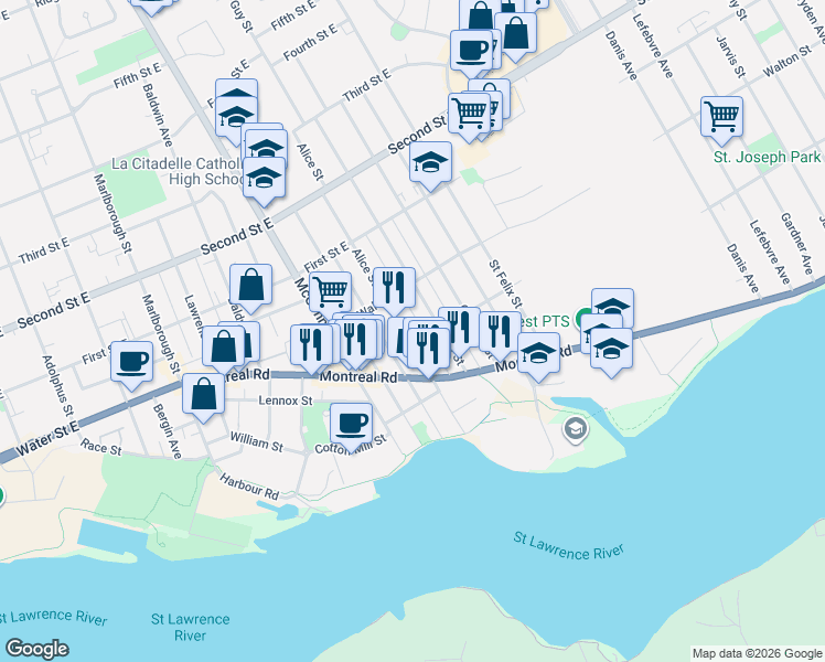map of restaurants, bars, coffee shops, grocery stores, and more near 230 Alice Street in Cornwall