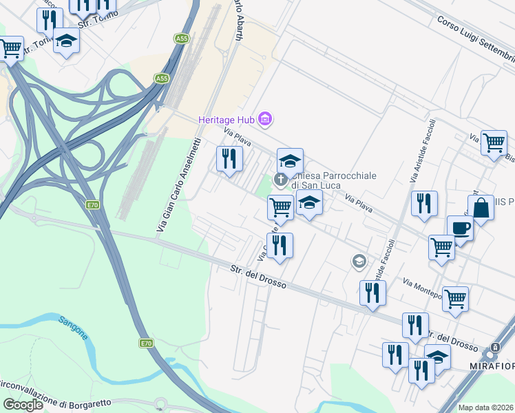 map of restaurants, bars, coffee shops, grocery stores, and more near 9 Via Giovanni Roveda in Torino