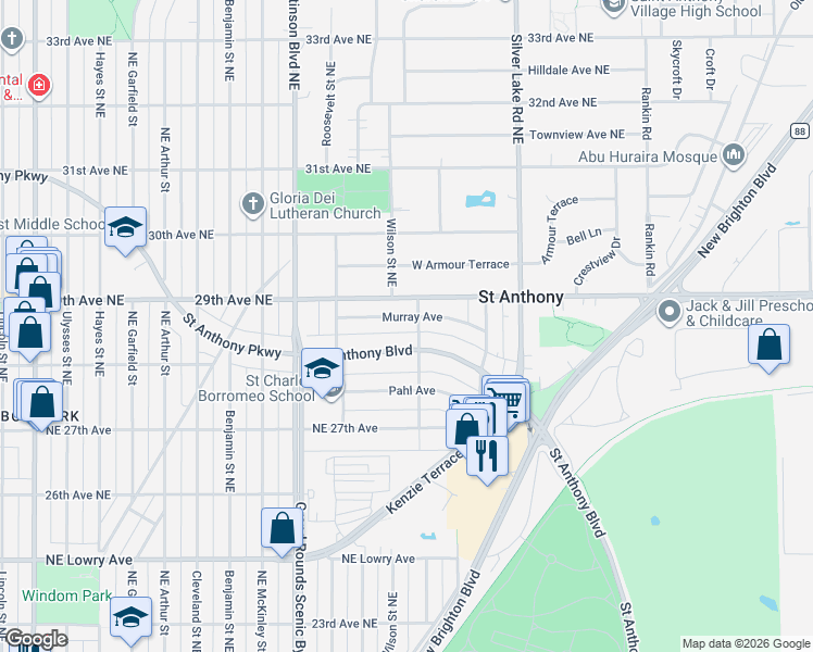 map of restaurants, bars, coffee shops, grocery stores, and more near 2615 Saint Anthony Boulevard in Minneapolis