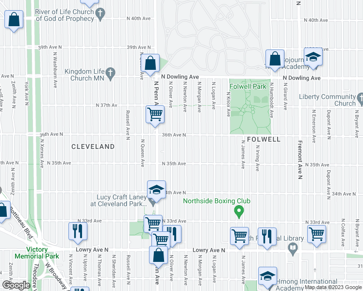 map of restaurants, bars, coffee shops, grocery stores, and more near 3539 Newton Ave N in Minneapolis