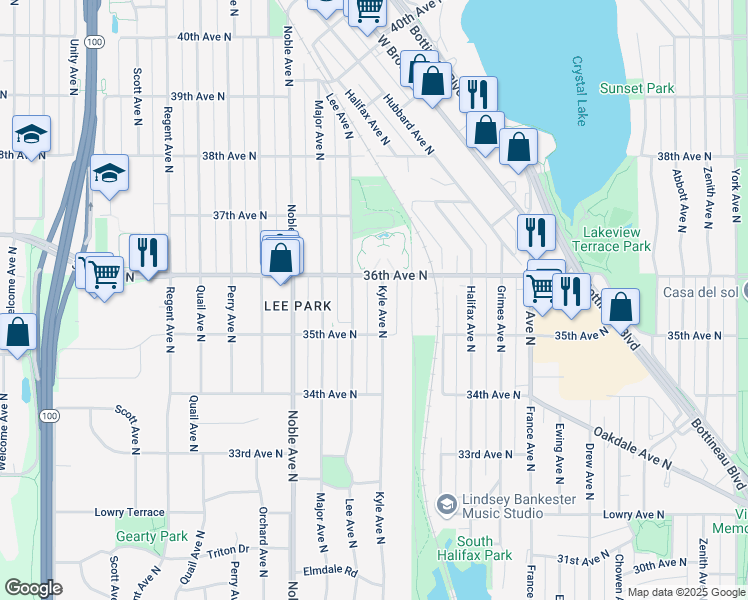 map of restaurants, bars, coffee shops, grocery stores, and more near 3524 Lee Avenue North in Minneapolis