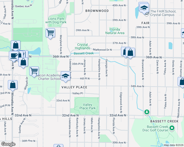 map of restaurants, bars, coffee shops, grocery stores, and more near 6712 Hill Place North in Minneapolis