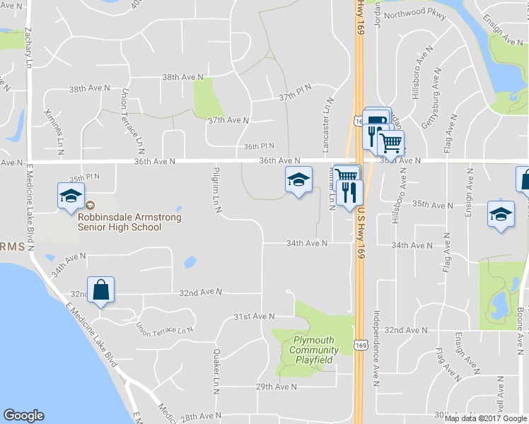 map of restaurants, bars, coffee shops, grocery stores, and more near 3446 Pilgrim Lane North in Plymouth