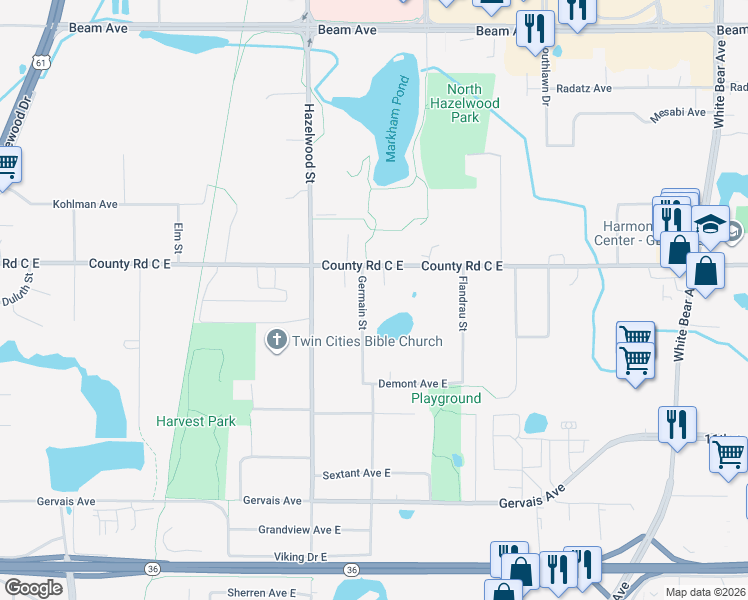 map of restaurants, bars, coffee shops, grocery stores, and more near 2600 Germain Street in Saint Paul