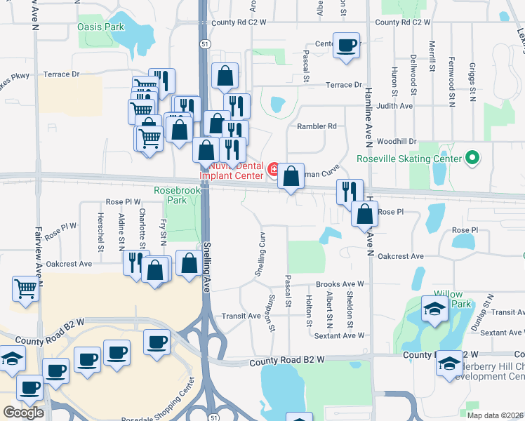 map of restaurants, bars, coffee shops, grocery stores, and more near 2604 Snelling Curve in Roseville