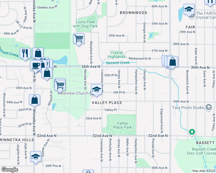map of restaurants, bars, coffee shops, grocery stores, and more near 7000 Hill Place North in Minneapolis