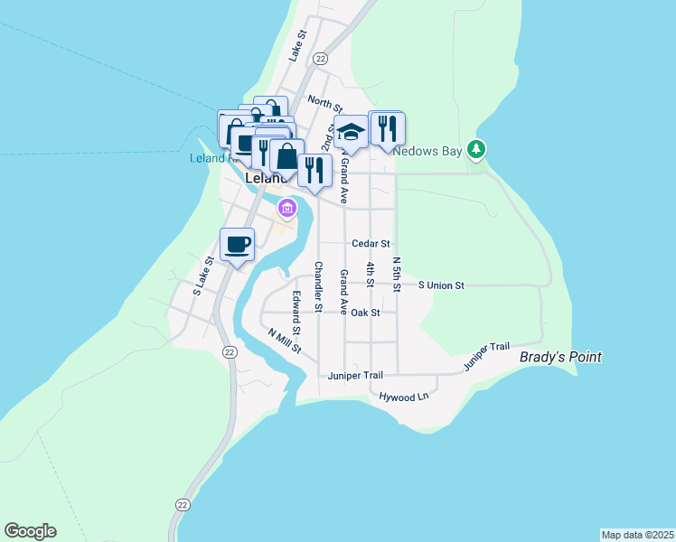 map of restaurants, bars, coffee shops, grocery stores, and more near 212 Grand Avenue in Leland