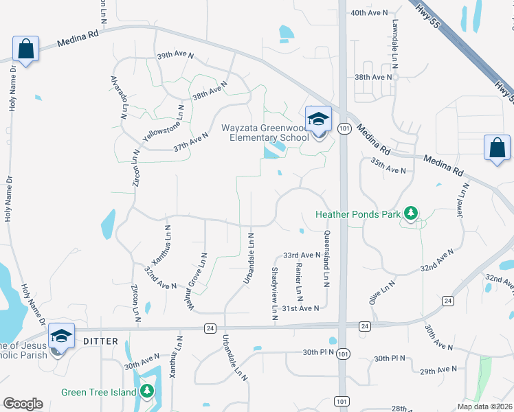 map of restaurants, bars, coffee shops, grocery stores, and more near 3420 Urbandale Lane North in Plymouth
