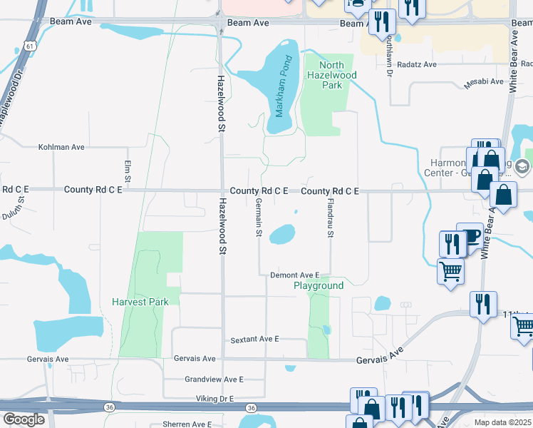 map of restaurants, bars, coffee shops, grocery stores, and more near 2600 Germain Street in Saint Paul