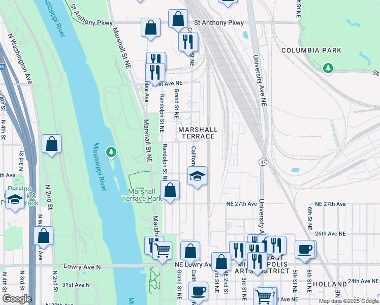 map of restaurants, bars, coffee shops, grocery stores, and more near 2831 Grand Street Northeast in Minneapolis