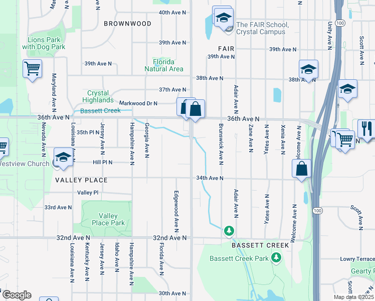 map of restaurants, bars, coffee shops, grocery stores, and more near 3501 Douglas Drive North in Minneapolis