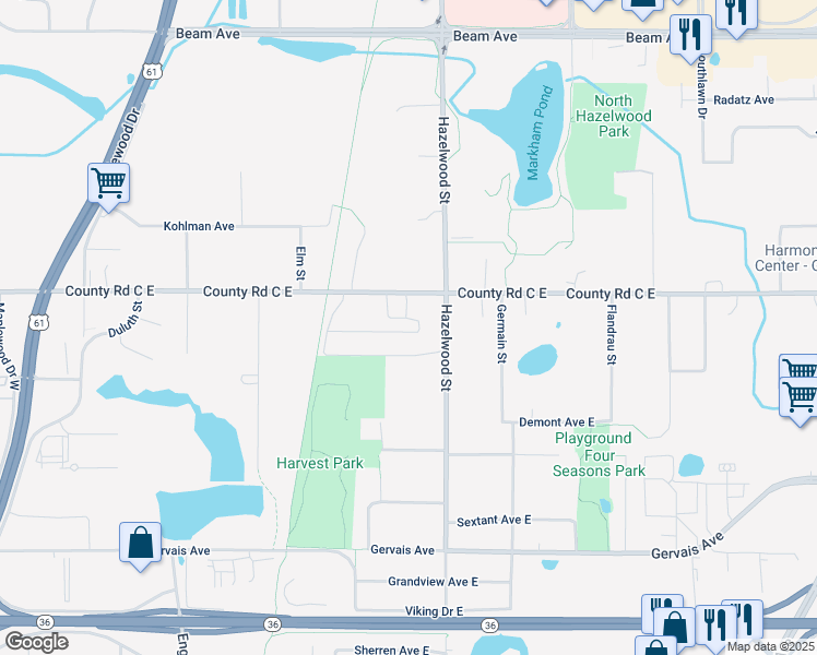 map of restaurants, bars, coffee shops, grocery stores, and more near 1448 County Road C East in Maplewood