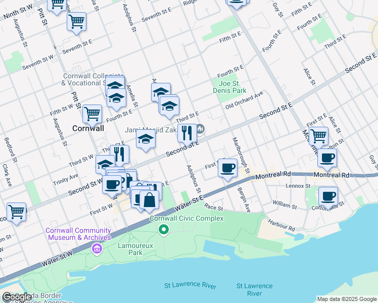 map of restaurants, bars, coffee shops, grocery stores, and more near 308 Second Street East in Cornwall
