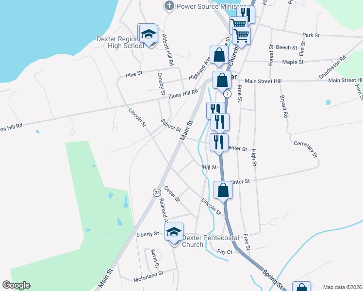 map of restaurants, bars, coffee shops, grocery stores, and more near 68 Main Street in Dexter