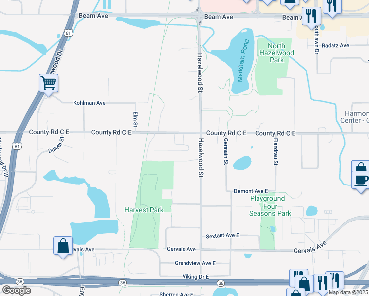 map of restaurants, bars, coffee shops, grocery stores, and more near 1448 County Road C East in Maplewood