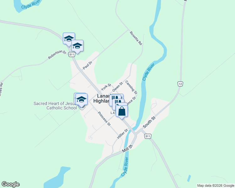 map of restaurants, bars, coffee shops, grocery stores, and more near 96 York Street in McDonalds Corners
