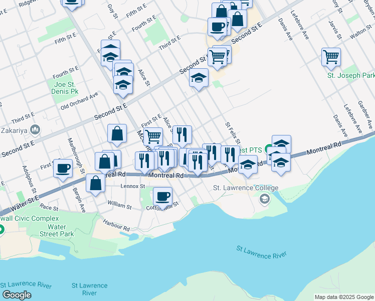 map of restaurants, bars, coffee shops, grocery stores, and more near 238 Alice Street in Cornwall
