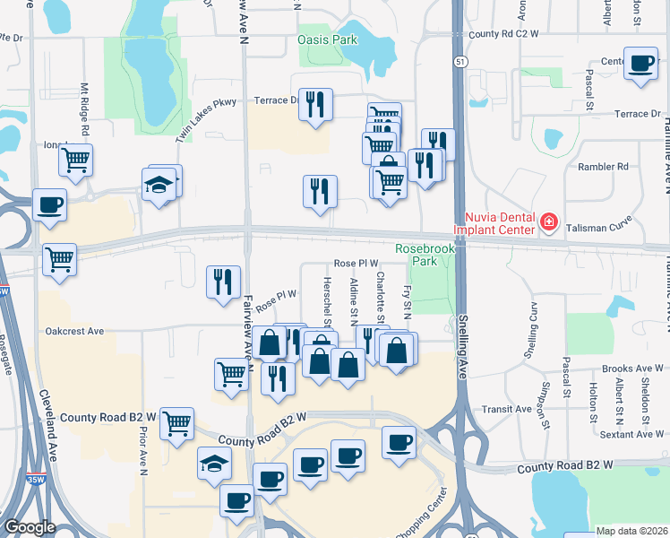 map of restaurants, bars, coffee shops, grocery stores, and more near 2605 Aldine Street North in Roseville