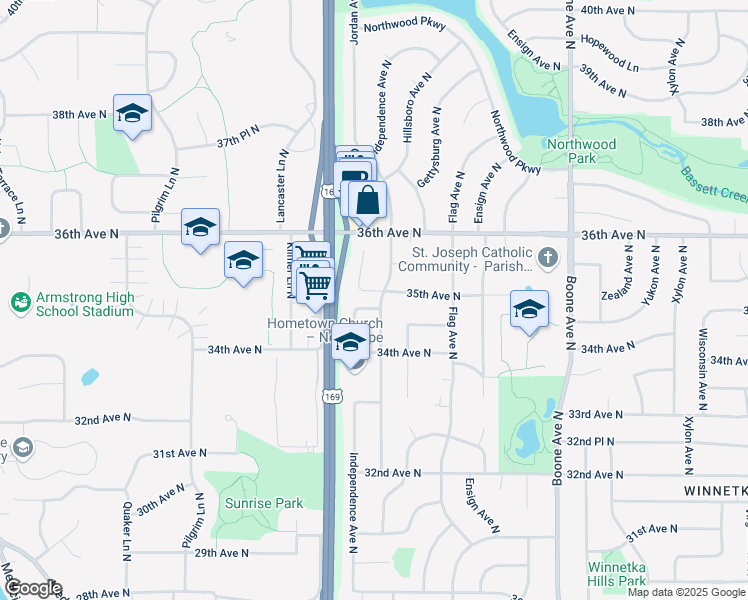 map of restaurants, bars, coffee shops, grocery stores, and more near 3501 Hillsboro Avenue North in Minneapolis